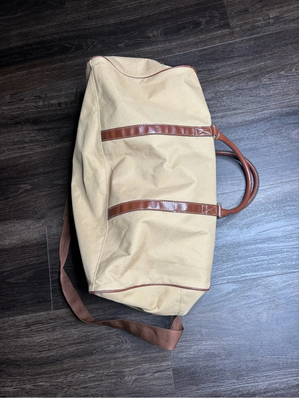 Vintage Ralph Lauren Mens Beige & Brown Canvas With Shoulder Strap Travel Duffle